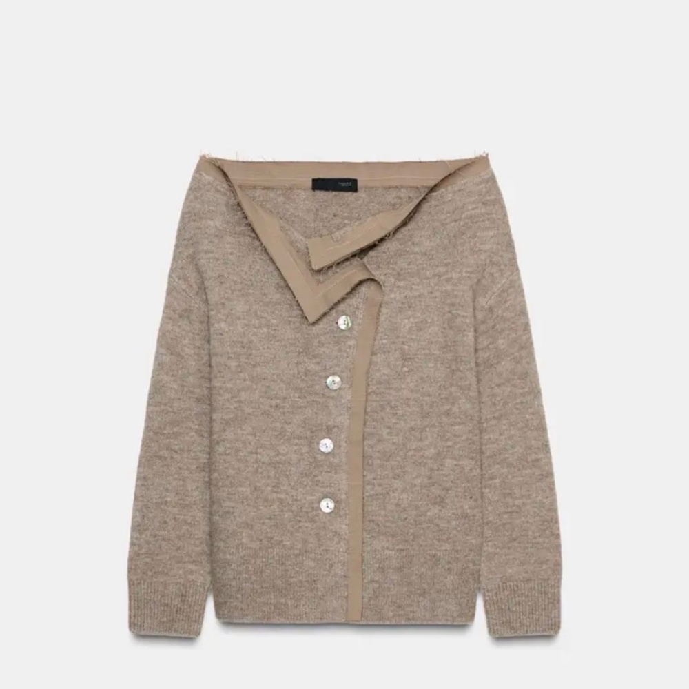 NWT ZARA Boat Neck Knit Cardigan Bare Shoulders Front Button Long Sleeve